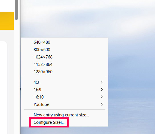 Sizer Configuration画面の開き方