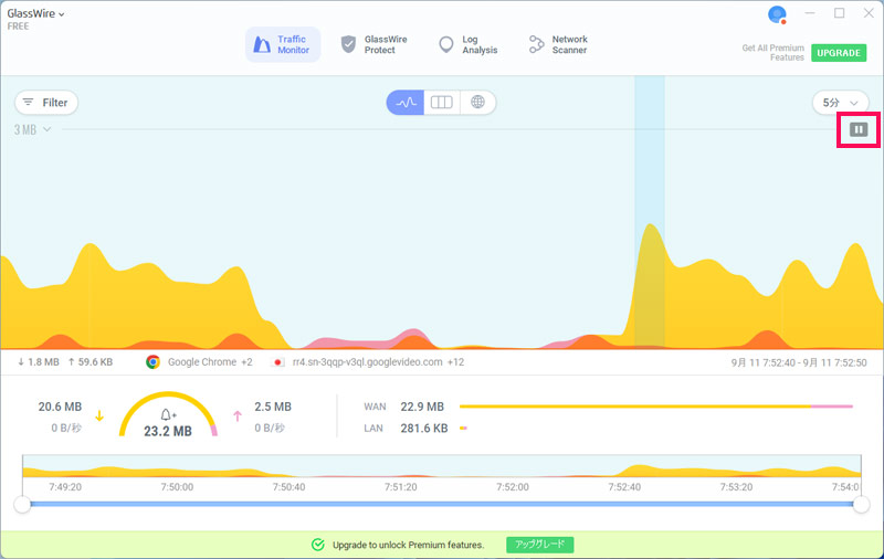 GlassWireのTraffic MonitorのGraphモード