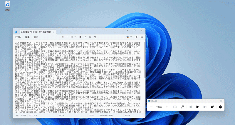 全画面表示モードから一時的に100%表示にしている様子