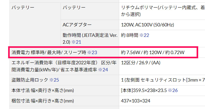 パソコンのスペック表